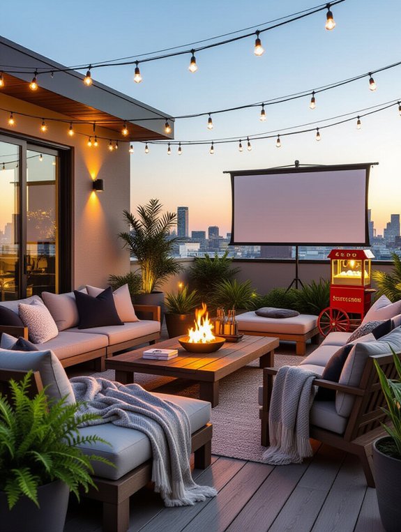 cozy rooftop movie setup