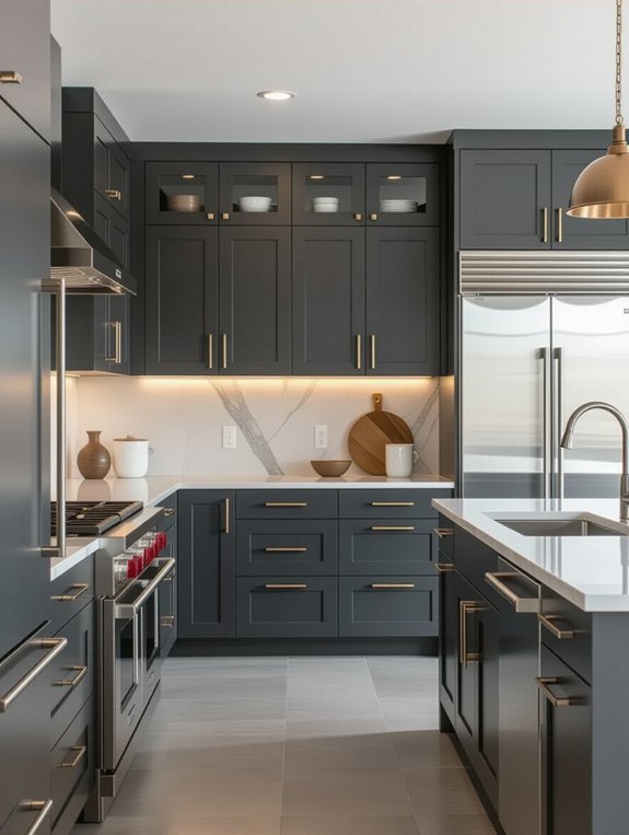sleek grey cabinets stainless steel