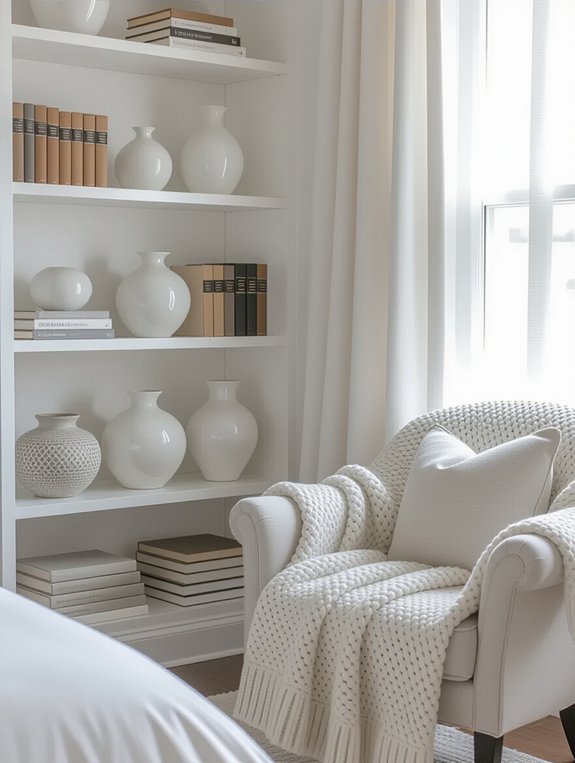 sleek monochromatic shelf decor