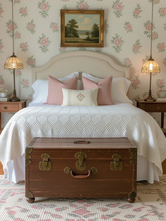 vintage trunk enhances bedroom