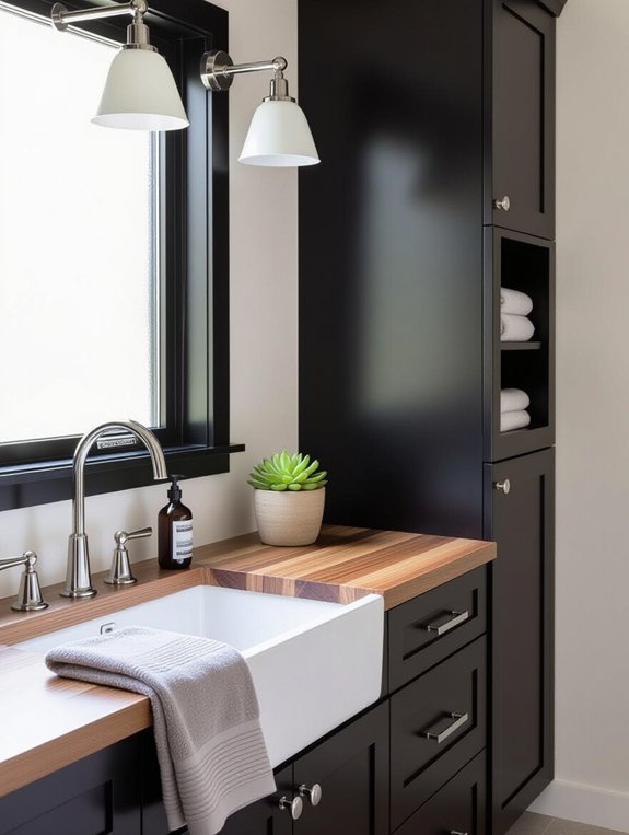 bold dark cabinets warm countertops