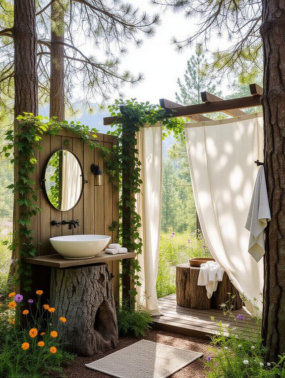 camping inspired outdoor bathroom setup