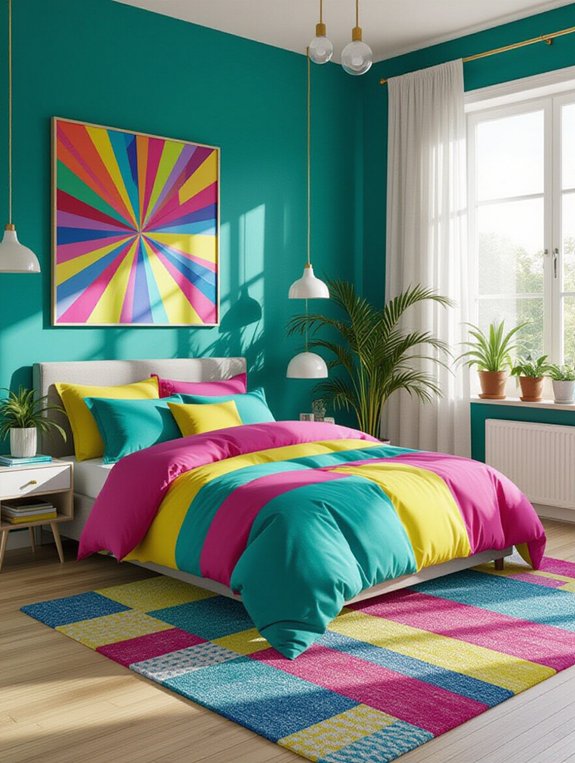 colorful artwork enhances bedroom