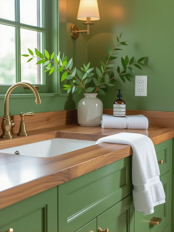 cozy olive green bathroom