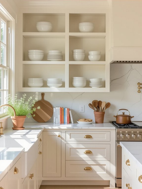 cream cabinets open shelving