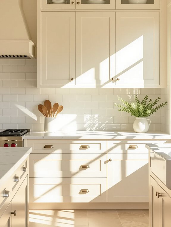 cream cabinets subway tiles