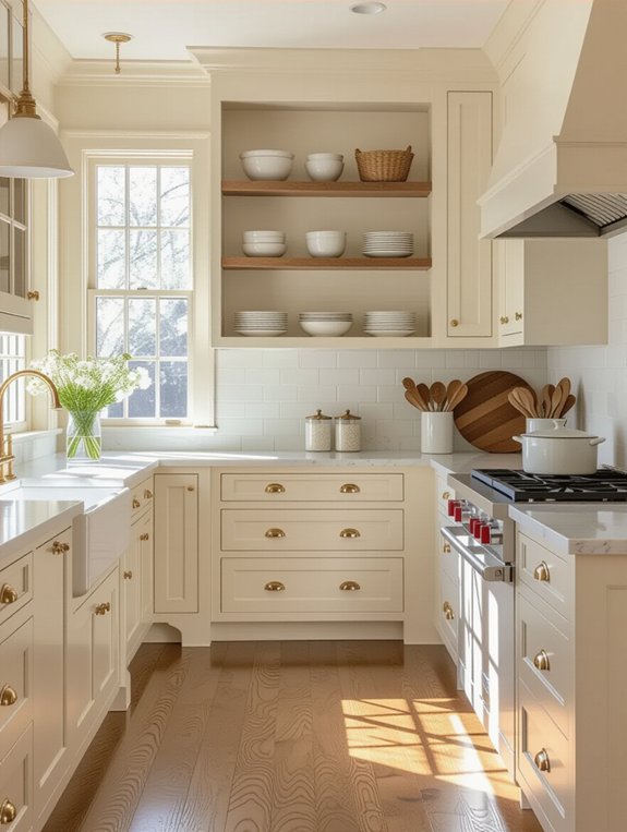 cream cabinets warm hardwood