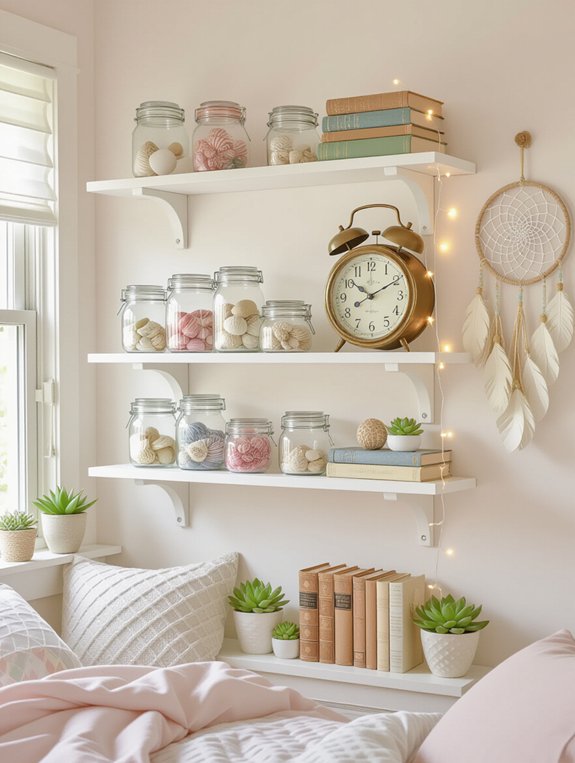 curiosities on floating shelves