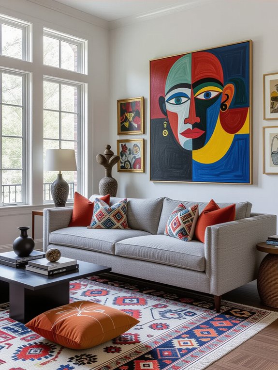 eclectic grey sofa decor