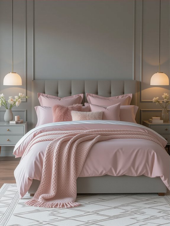grey furniture pink cushions