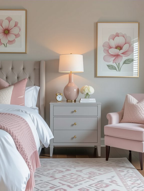 grey nightstands pink lamps