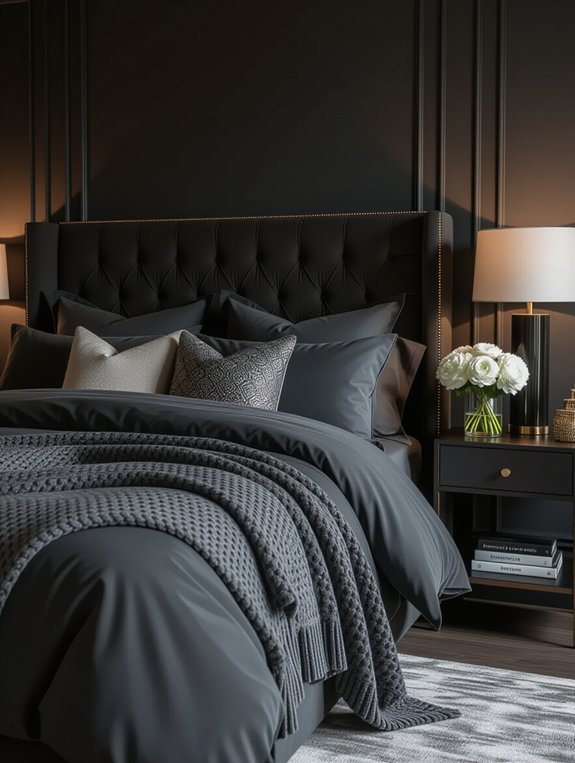 luxurious layered dark grey bedding