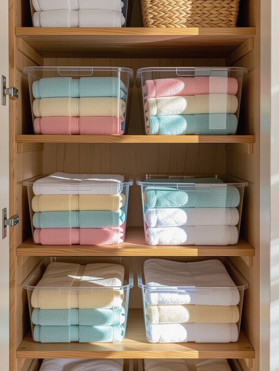 organized linens in clear bins