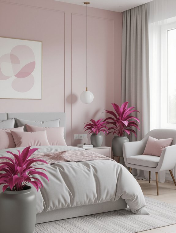 pink plants in grey pots