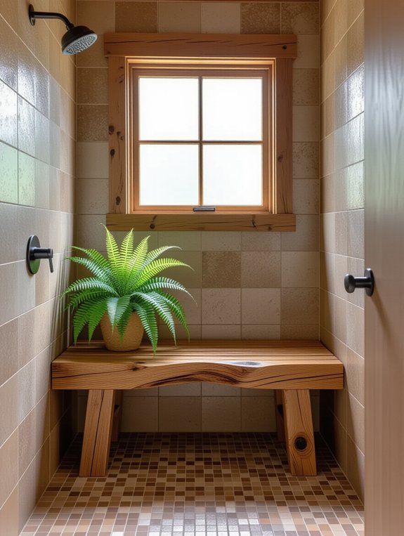 rustic wooden shower bench