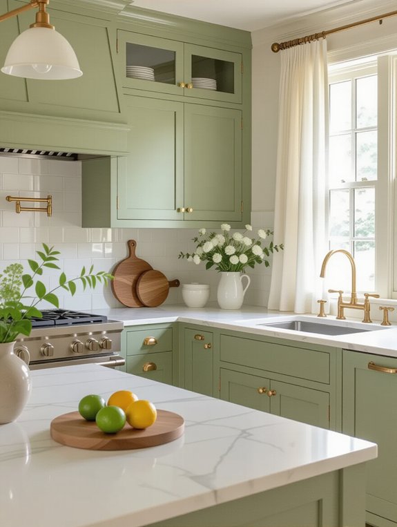sage cabinets soft lighting