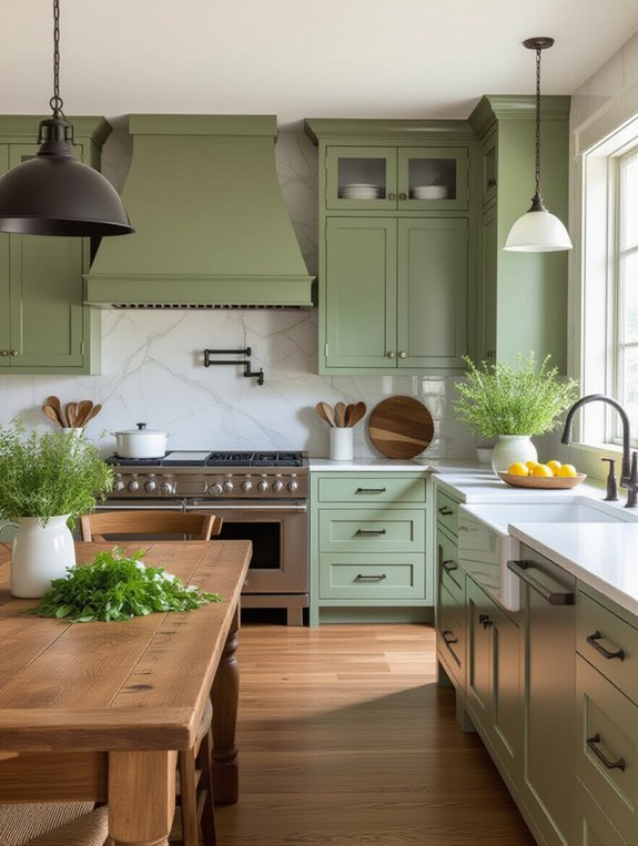 sage green and wood