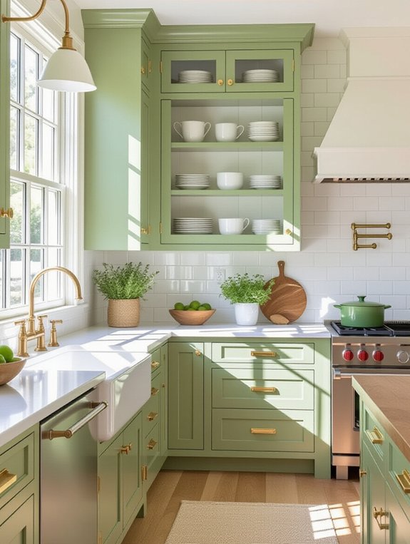 sage green white cabinets