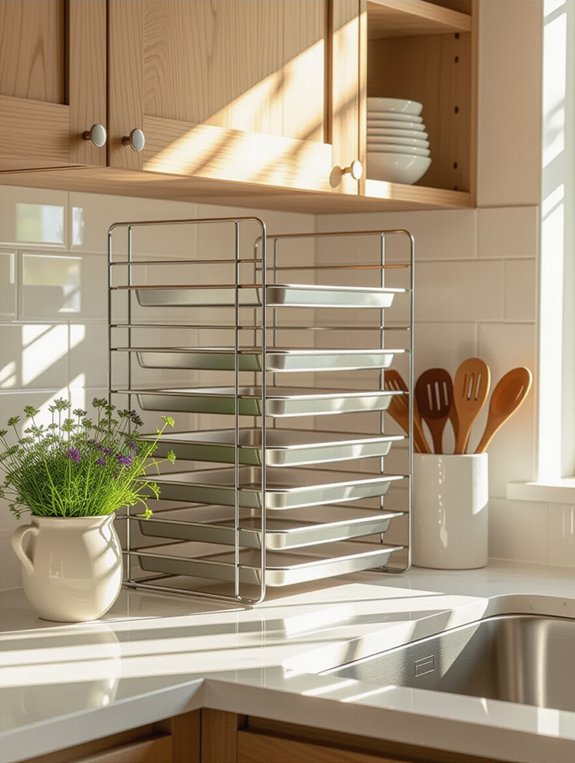 store baking sheets upright