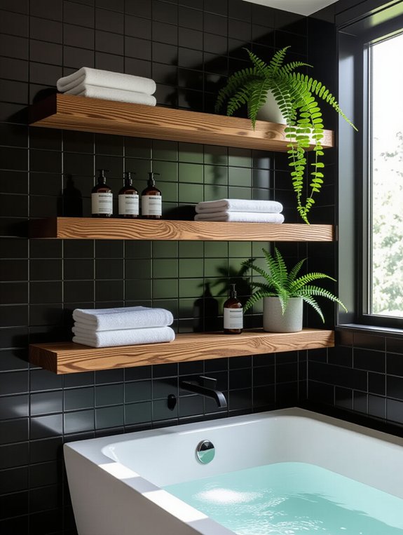 stylish wood shelves contrast