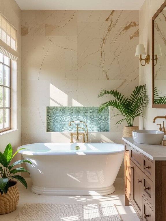 travertine enhances eclectic bathrooms