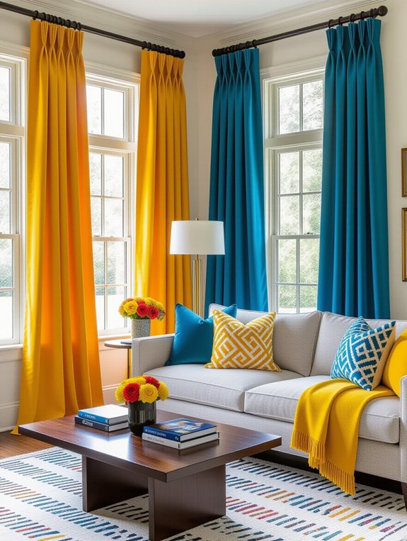 vibrant drapery energizes living room