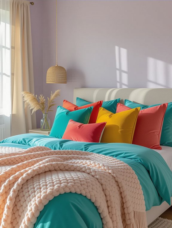 vibrant pillows enhance bedroom