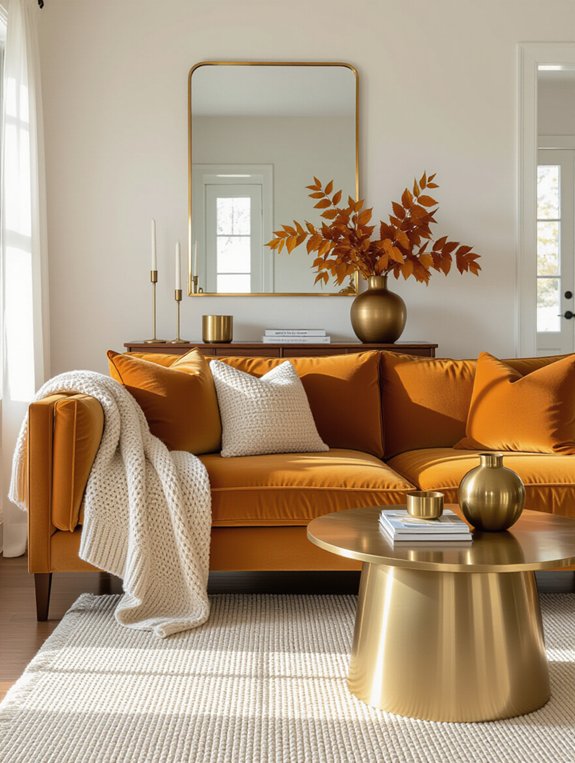 warm metallic accents enhance coziness