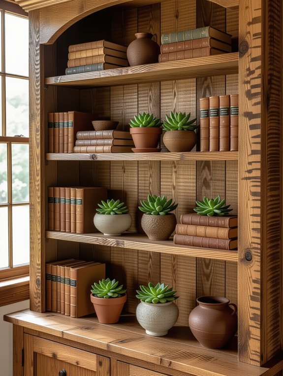 warm rustic wooden bookcases