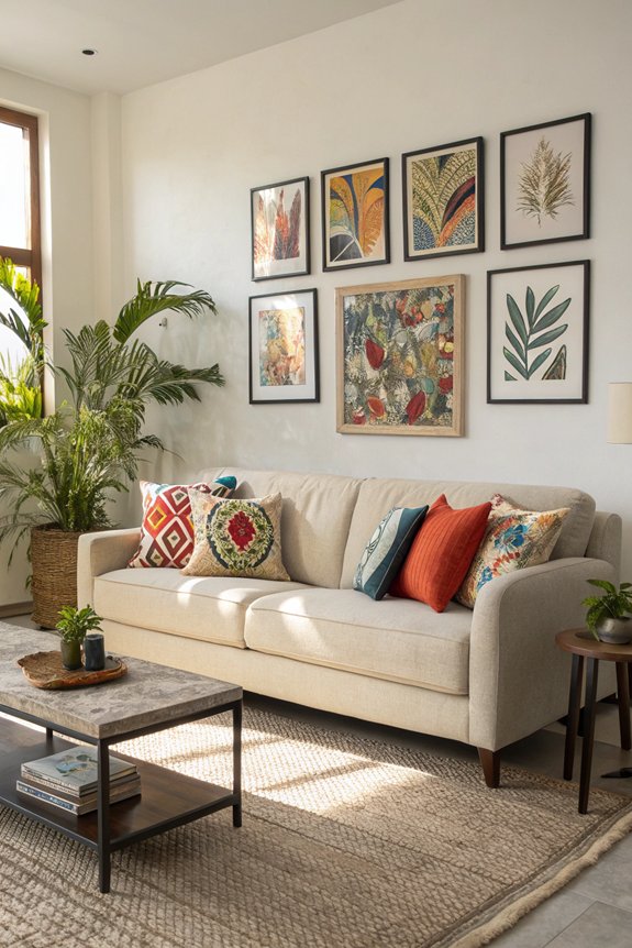 art enhances beige sofa